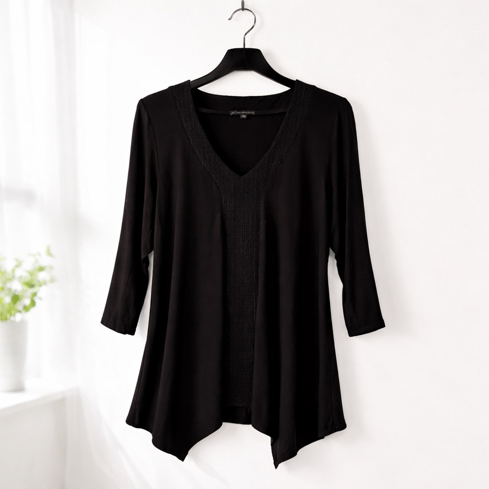 Adrianna Papell Black V-Neck Tunic Blouse Asymmetrical Hem Stretch Women’s L